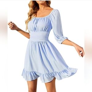 Lantern Sleeve Tie Back Dress Square Neck Ruffle Dress Elastic TIE BACK